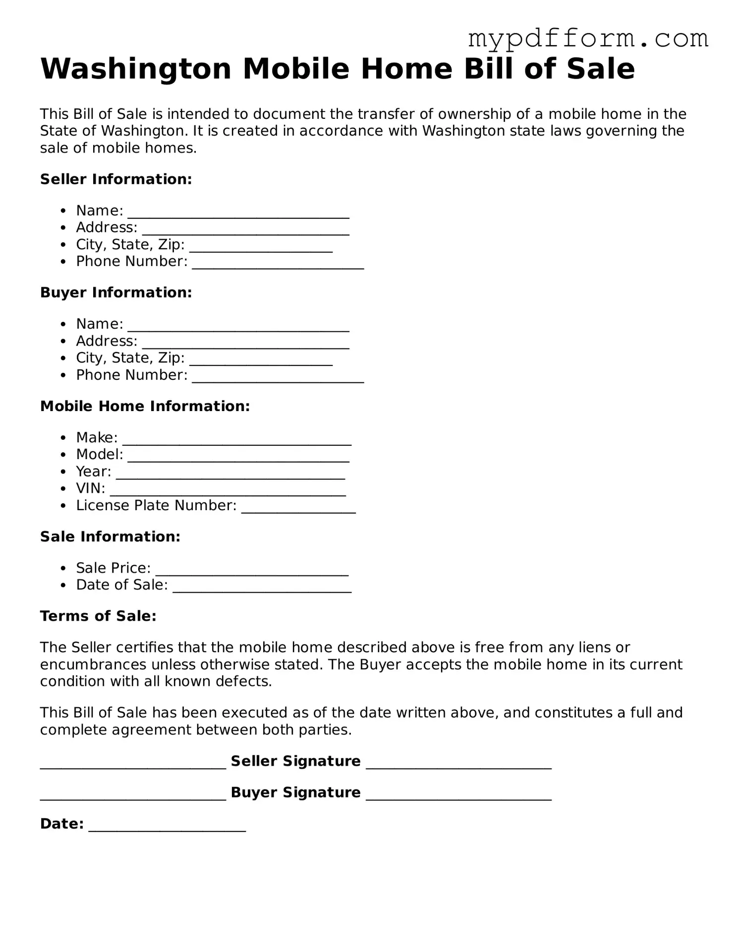 Valid  Mobile Home Bill of Sale Template for Washington