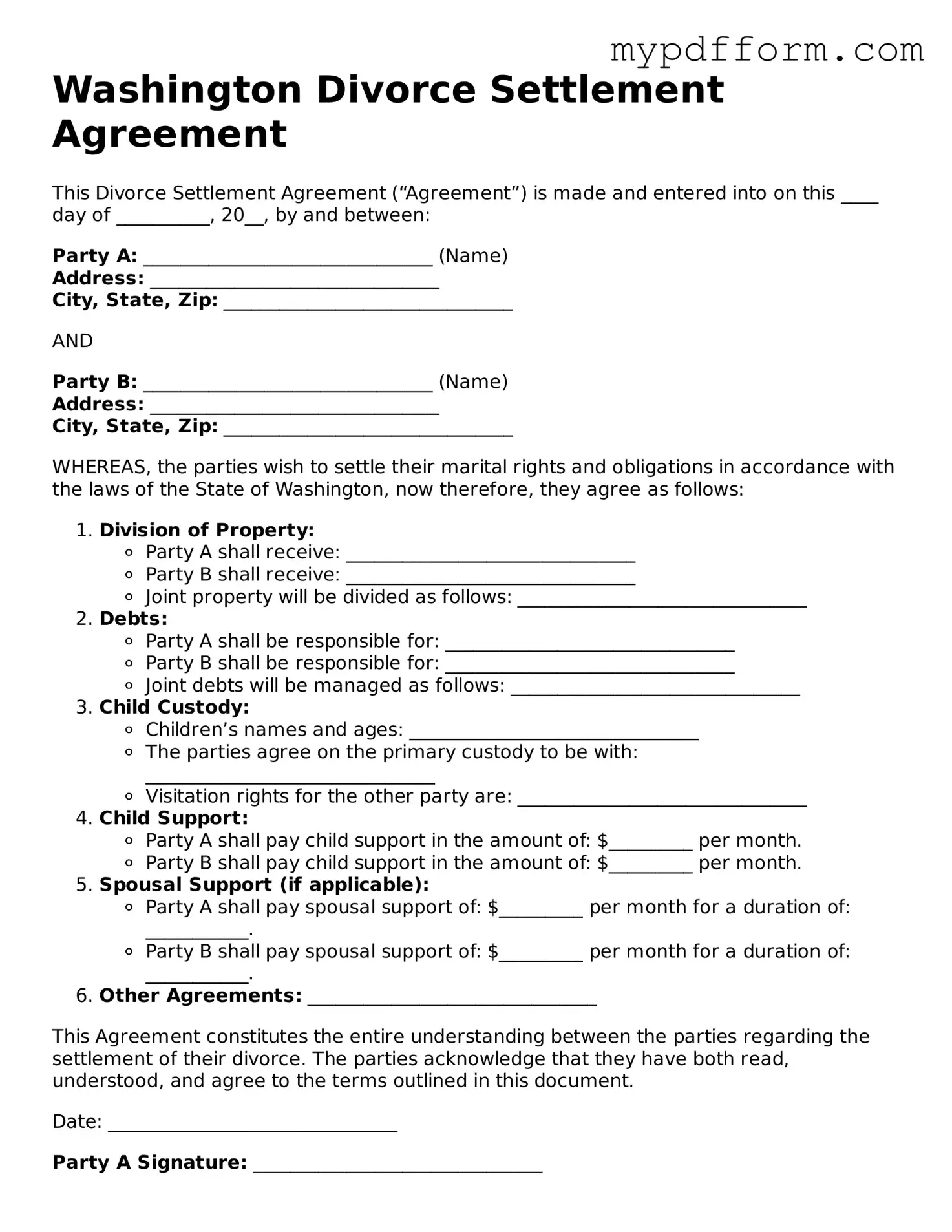 Valid  Divorce Settlement Agreement Template for Washington