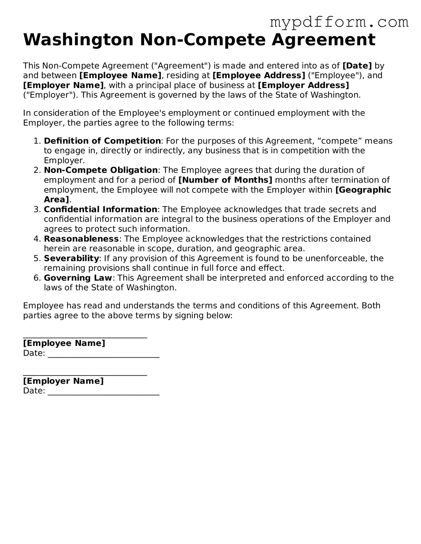 Valid  Non-compete Agreement Template for Washington