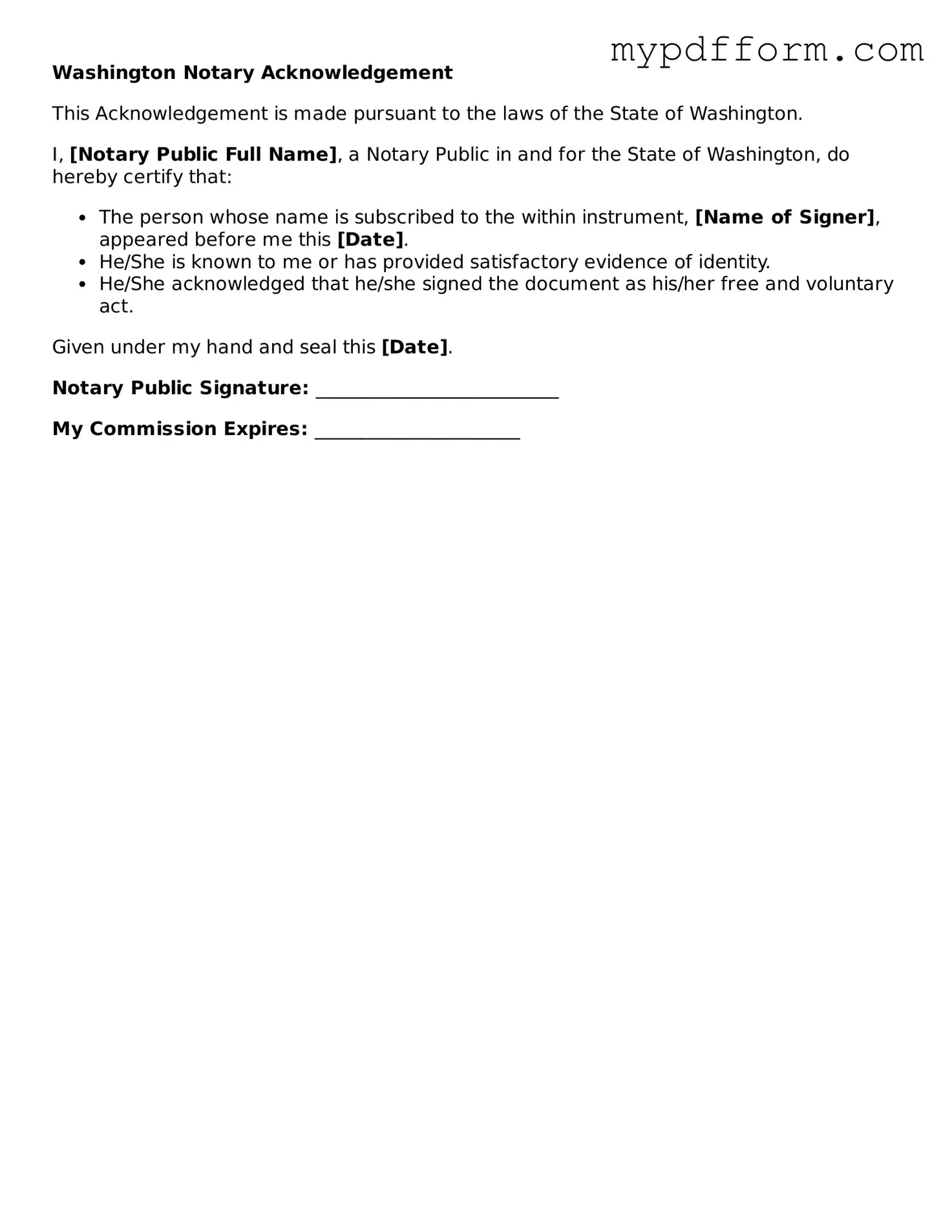 Valid  Notary Acknowledgement Template for Washington