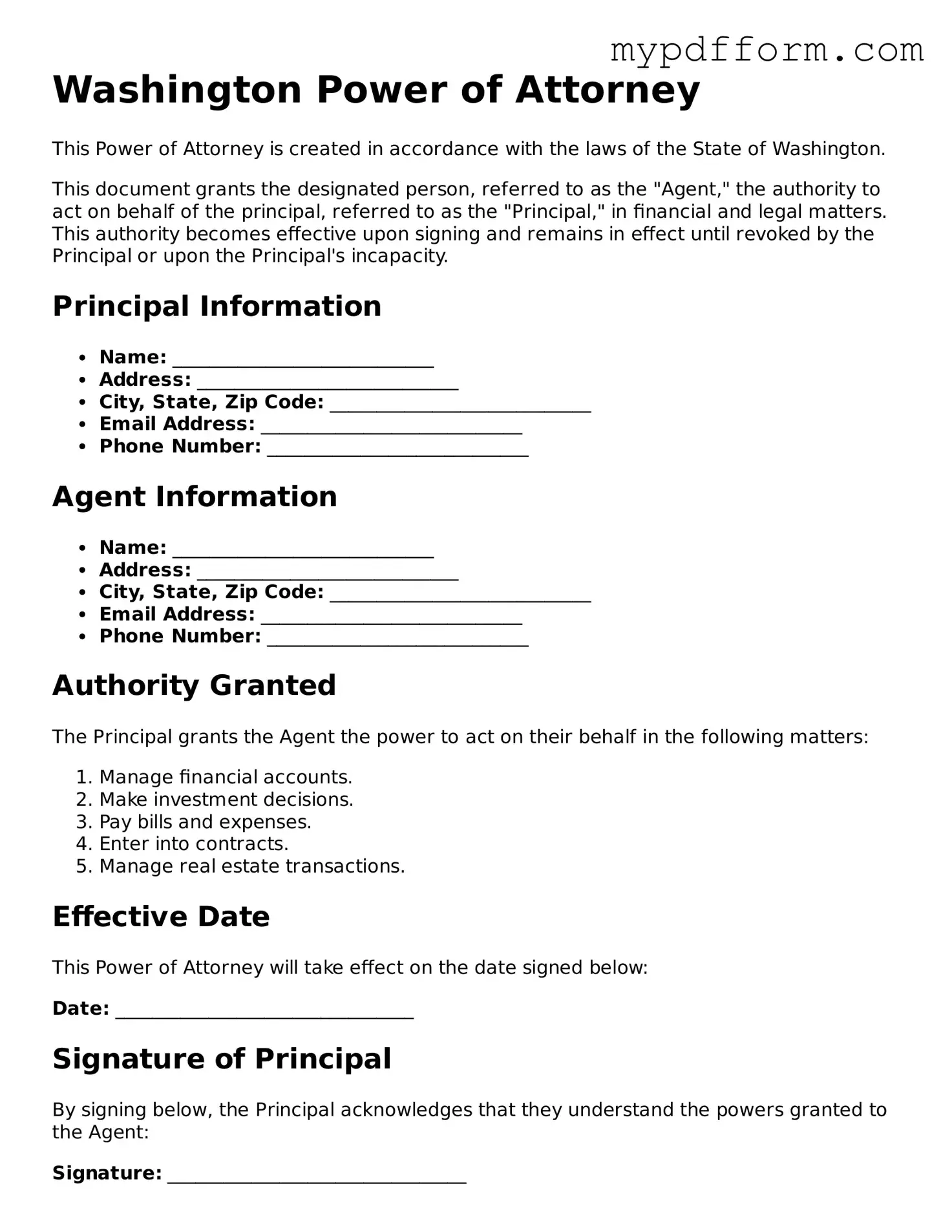 Valid  Power of Attorney Template for Washington