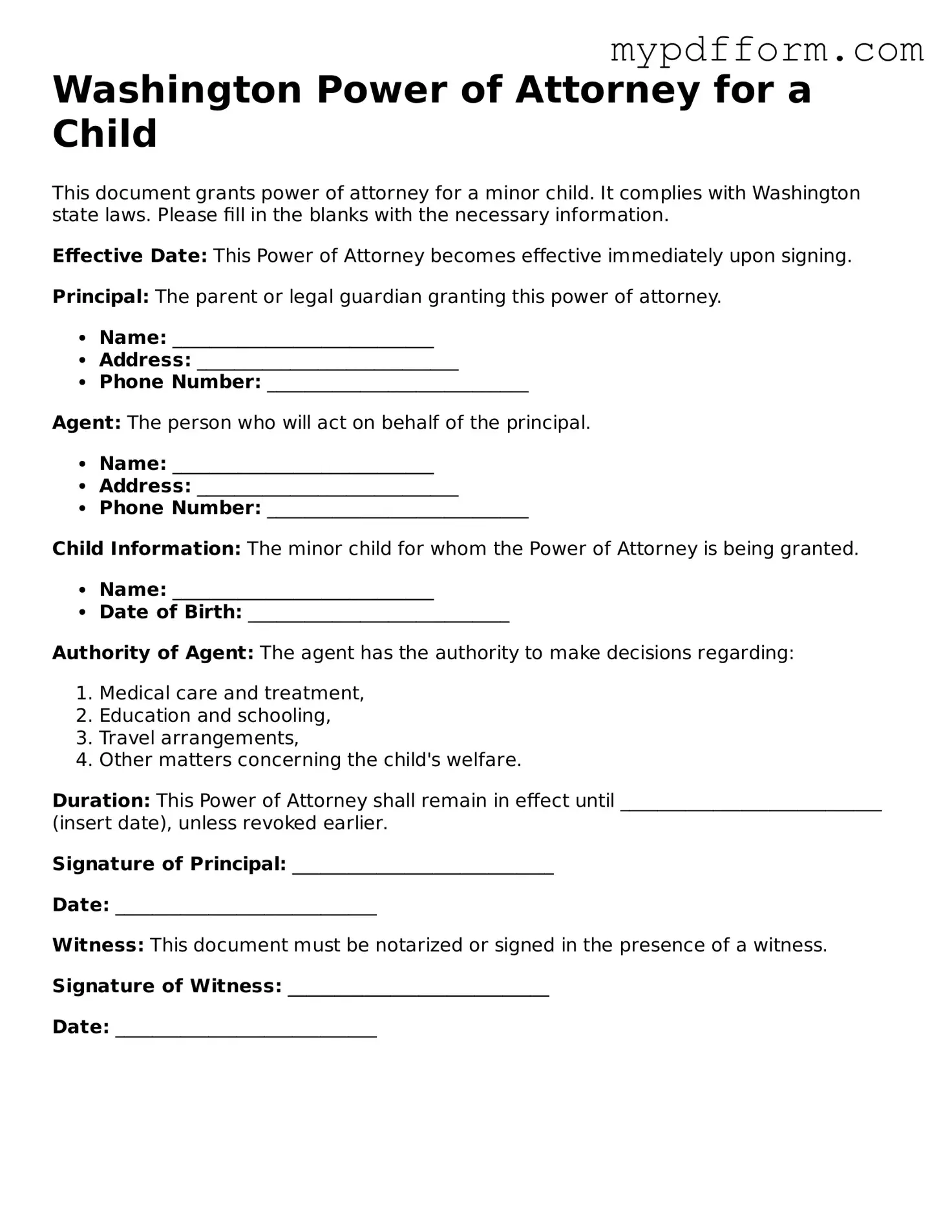 Valid  Power of Attorney for a Child Template for Washington