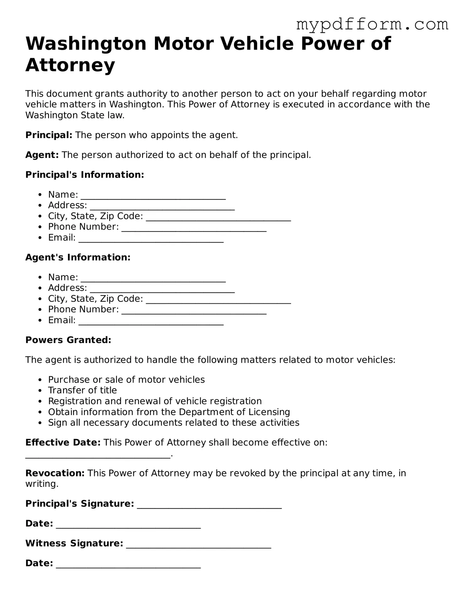 Valid  Motor Vehicle Power of Attorney Template for Washington