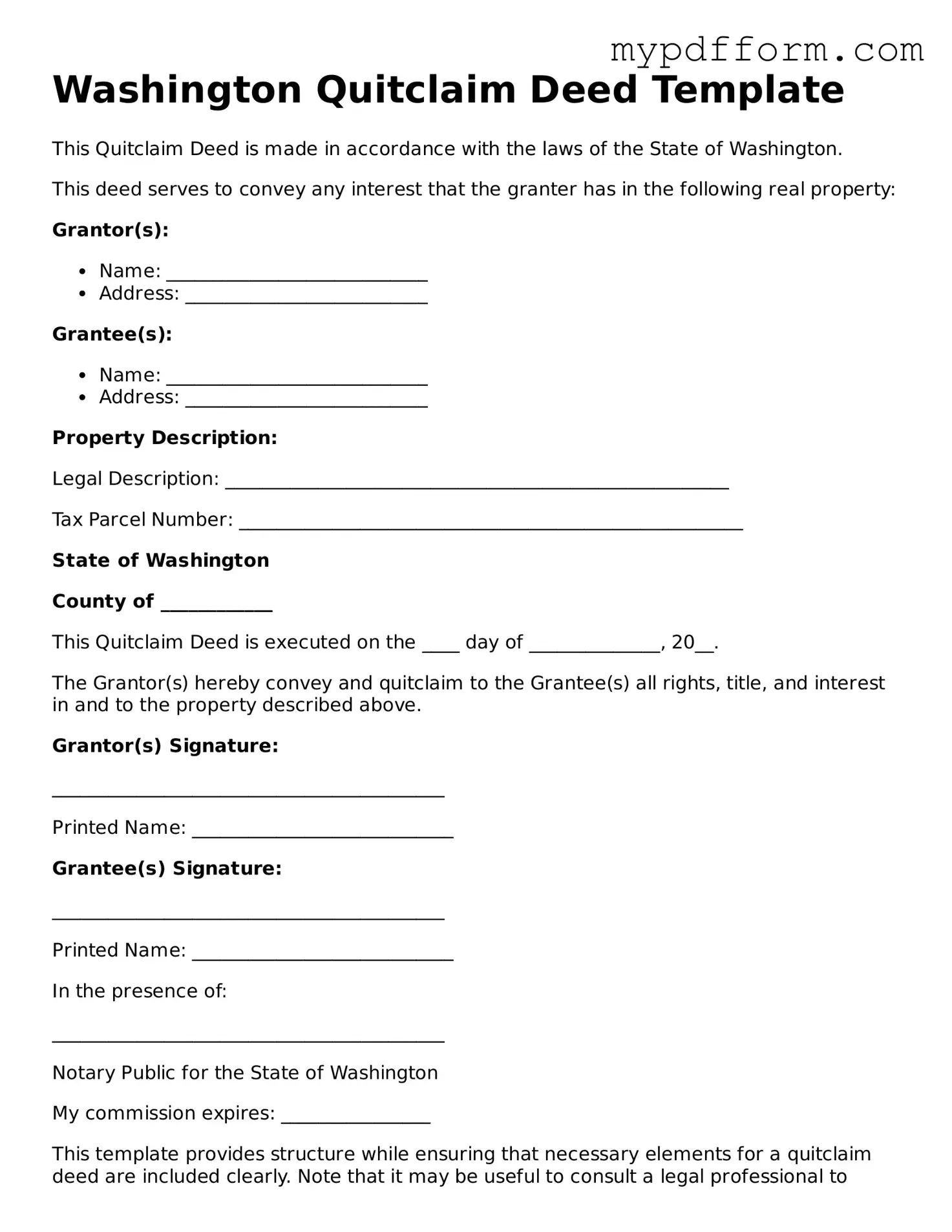 Valid  Quitclaim Deed Template for Washington