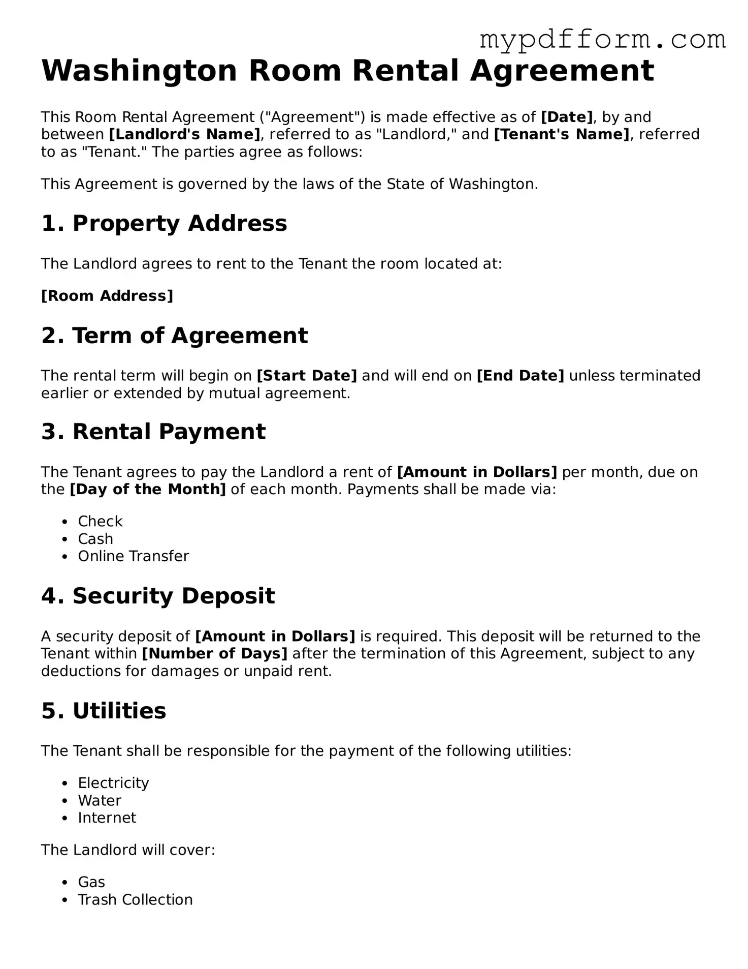 Valid  Room Rental Agreement Template for Washington
