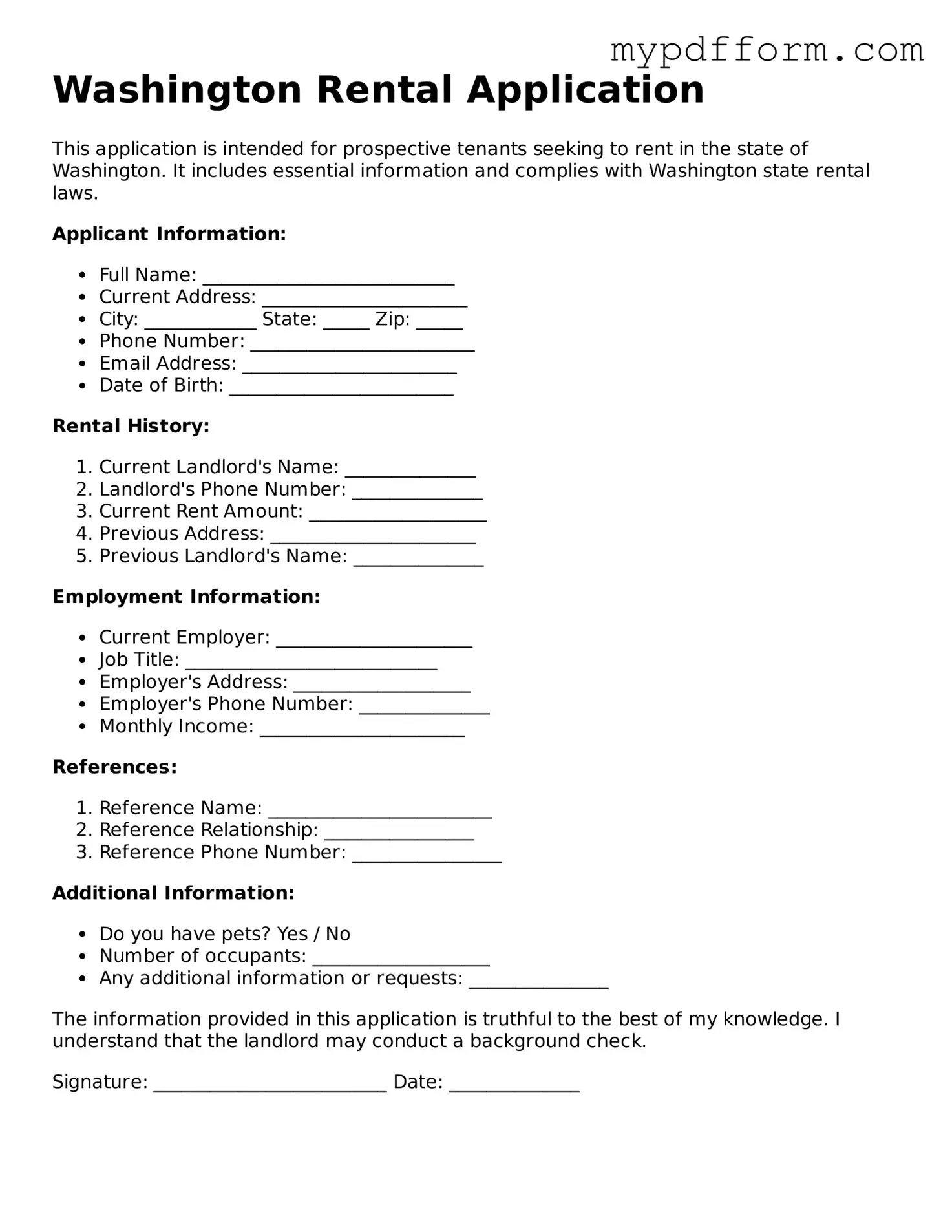 Valid  Rental Application Template for Washington