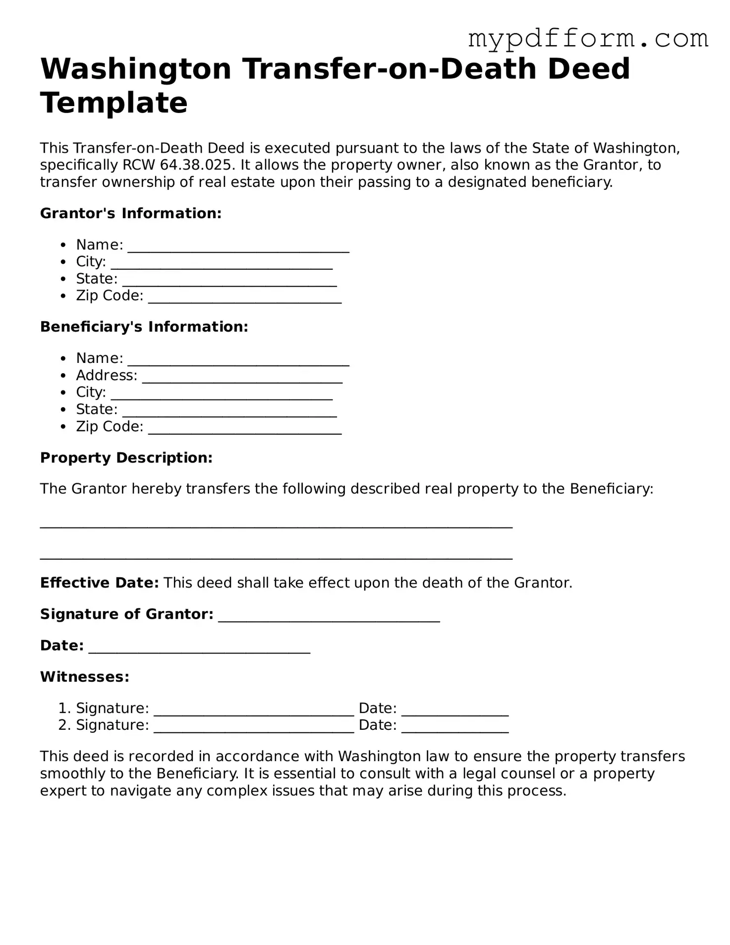 Valid  Transfer-on-Death Deed Template for Washington