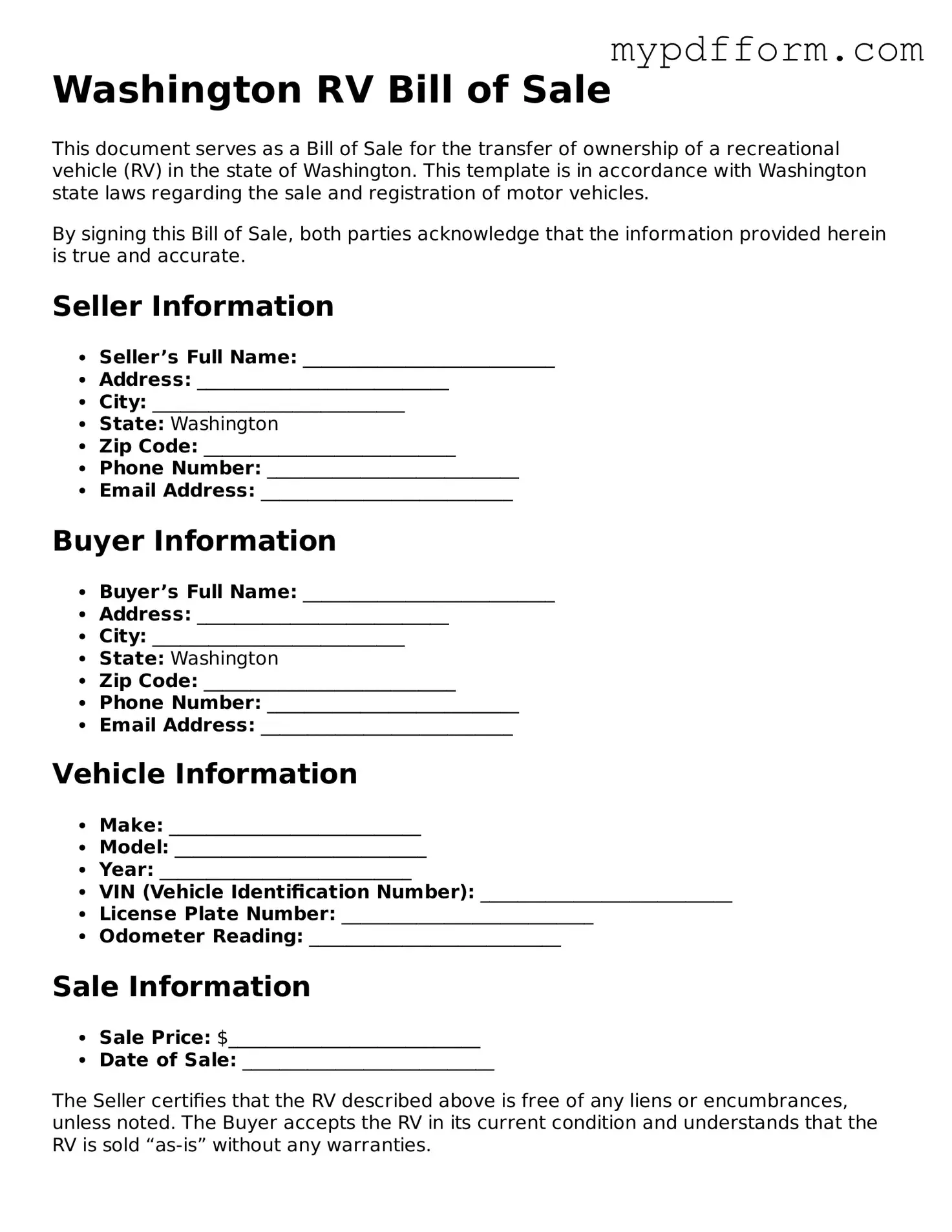 Valid  RV Bill of Sale Template for Washington