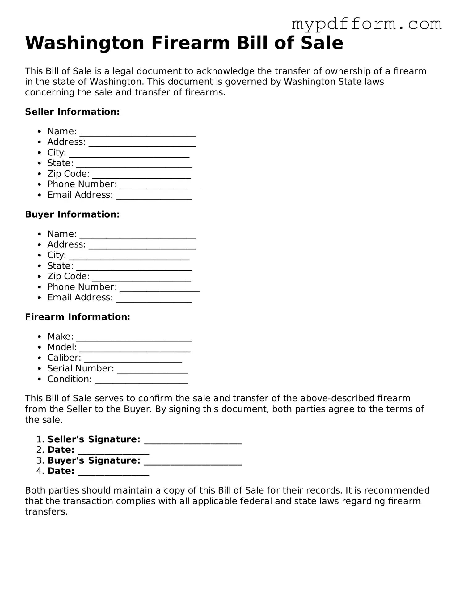 Valid  Firearm Bill of Sale Template for Washington