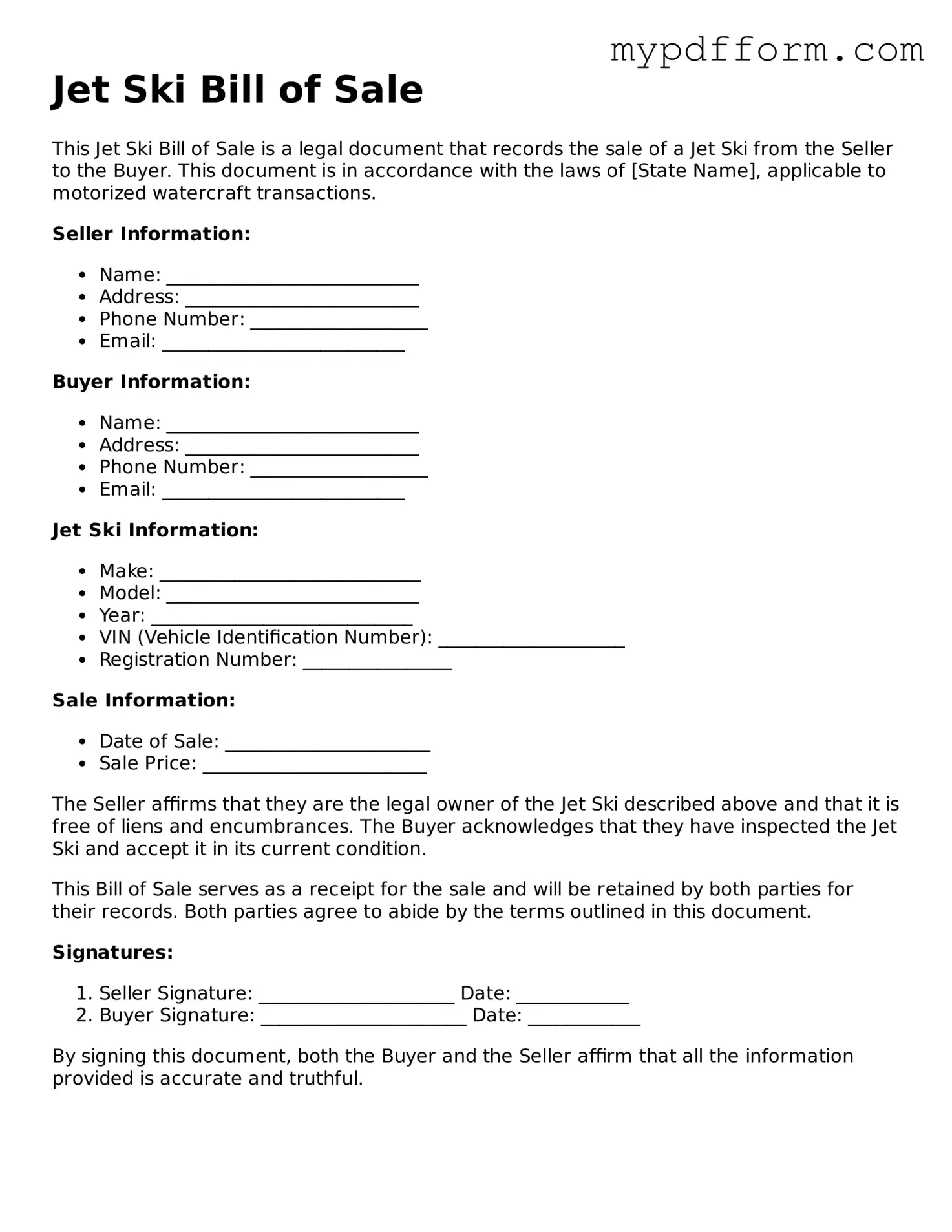 Fillable Jet Ski Bill of Sale Document