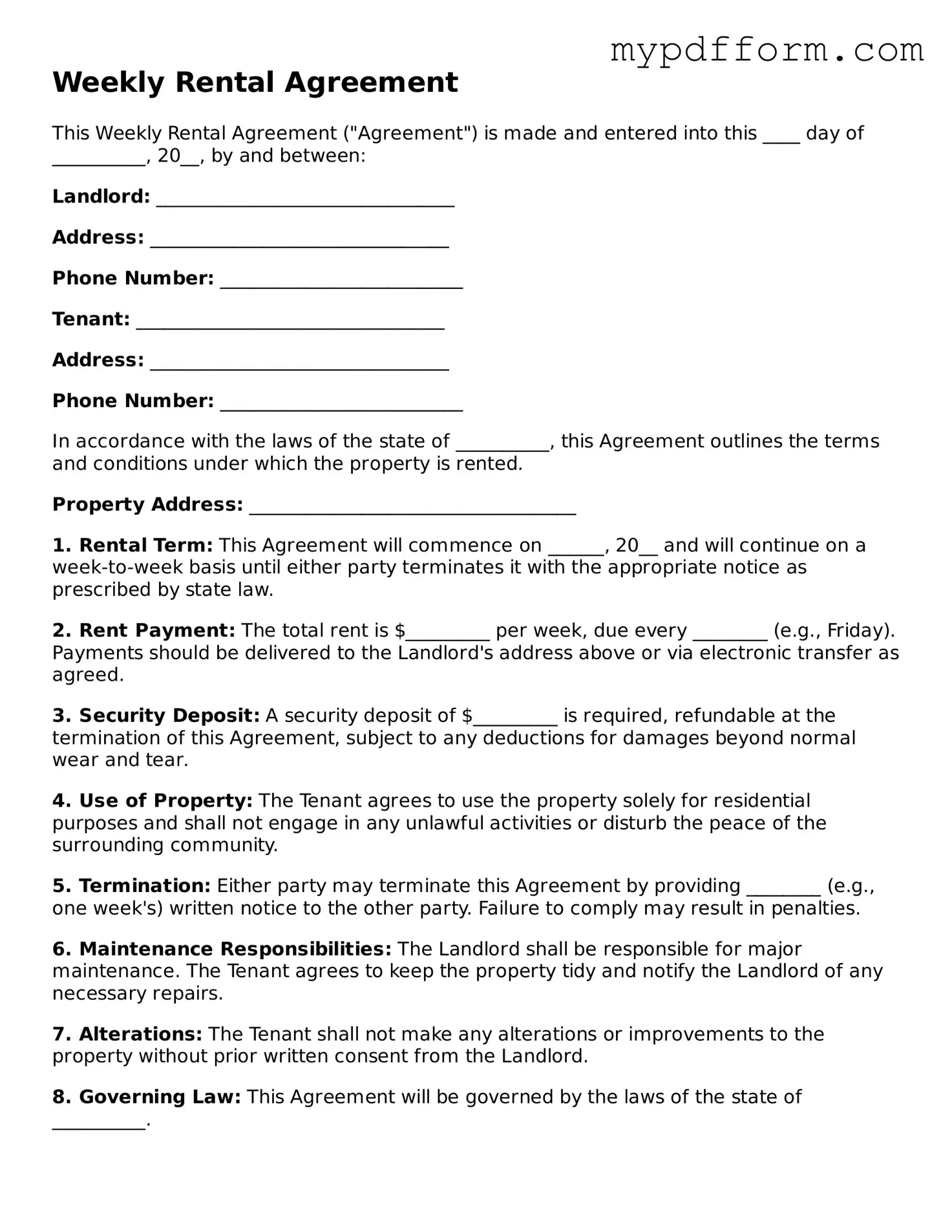 Fillable Weekly Rental Agreement Document